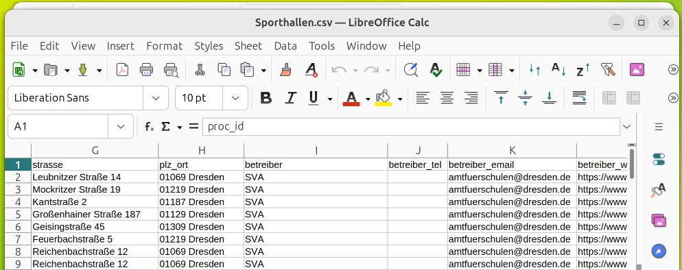 Anzeige der Sporthallen-Daten - hintere Spalten