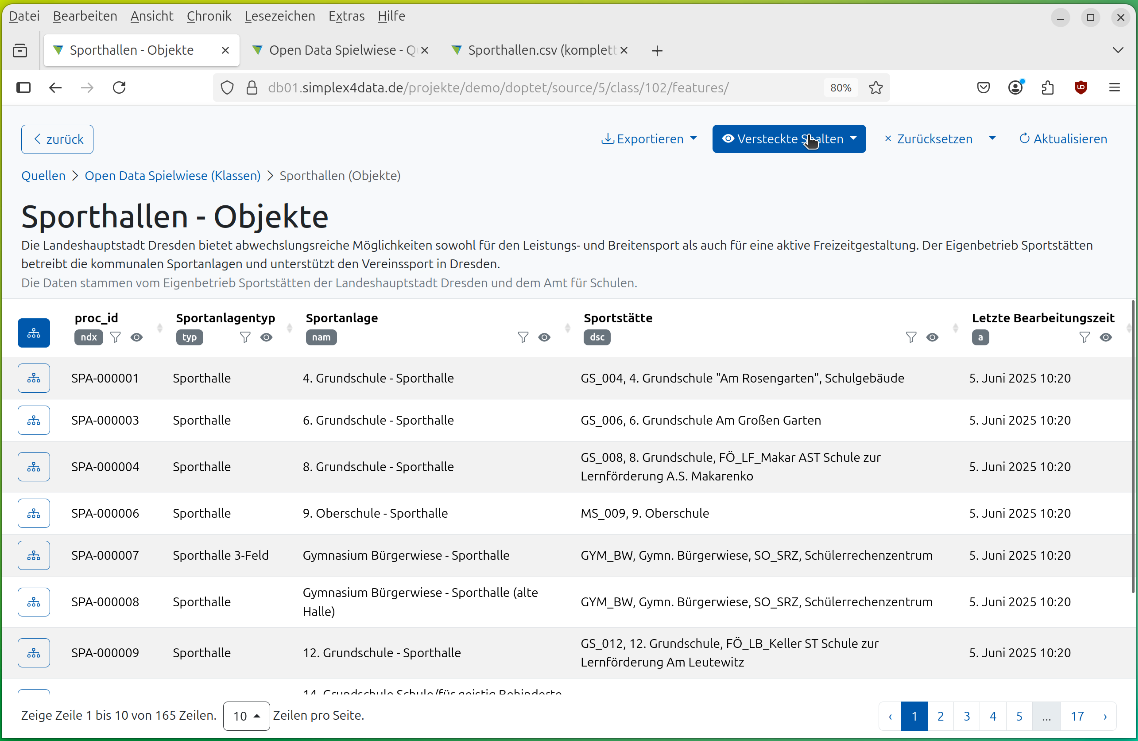Objekte betrachten - Tabellenansicht