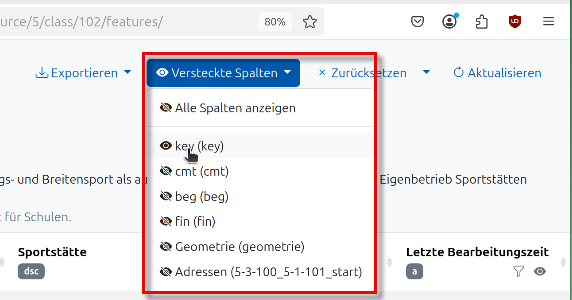 Versteckte Spalten anzeigen