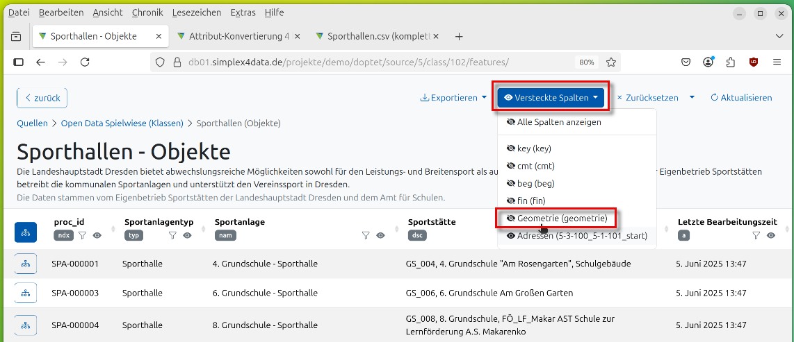 Versteckte Spalten anzeigen