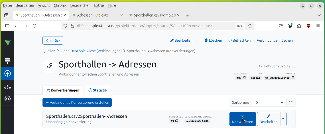 Konvertierungen der Verbindung angelegt