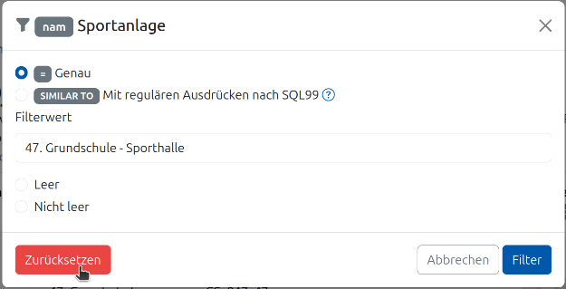 Spaltenfilter zurücksetzen